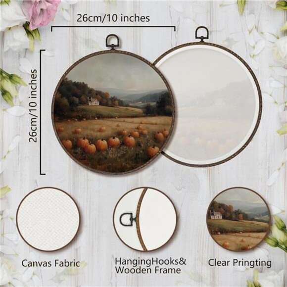 XNXLDYLH‎ Rustic Fall Pumpkin Patch Round Framed Wall Art Decor, Farmhouse - Picture 7 of 8
